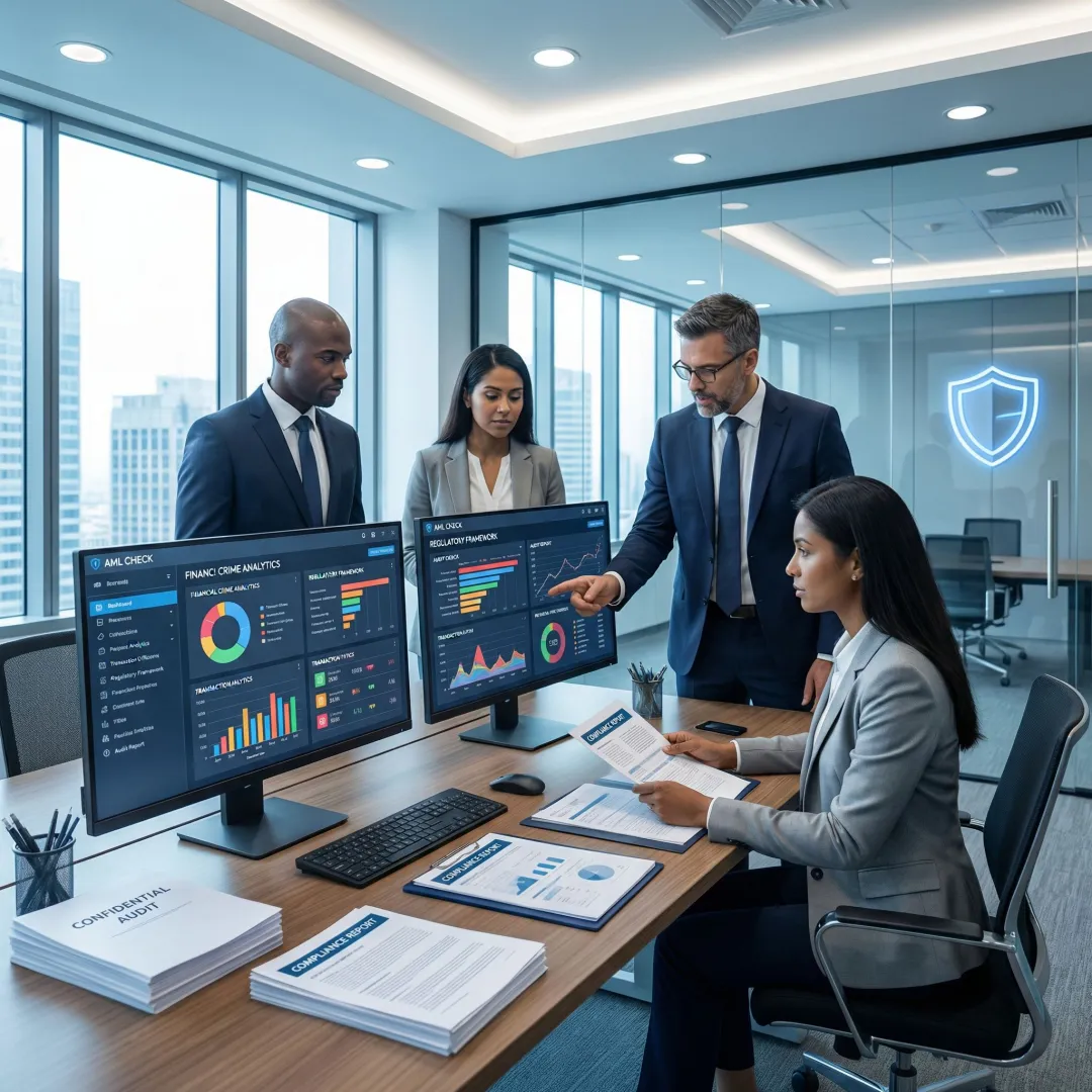 Financial compliance team reviewing regulatory documents and data analytics