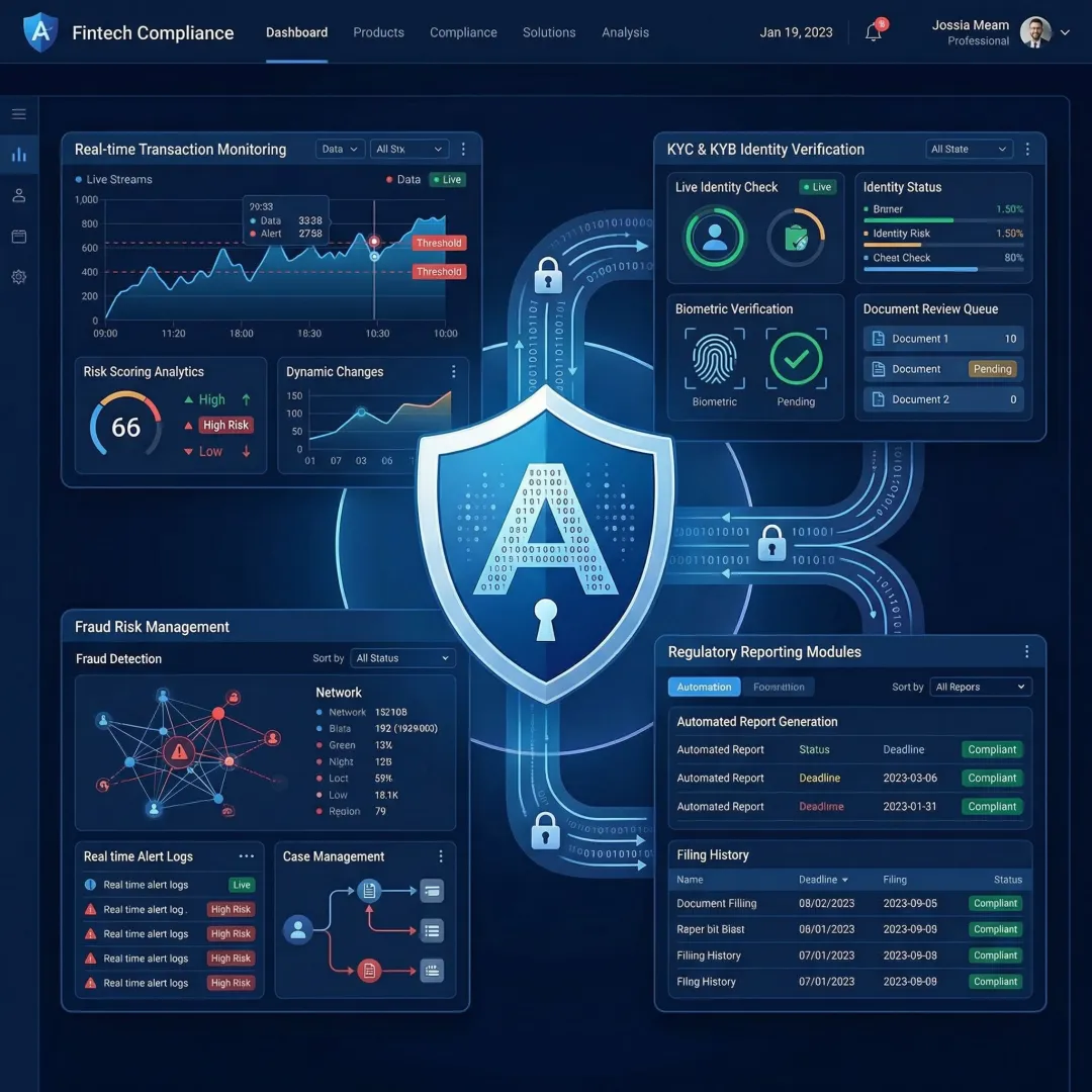 Compliance dashboard displaying transaction monitoring analytics and risk assessment metrics