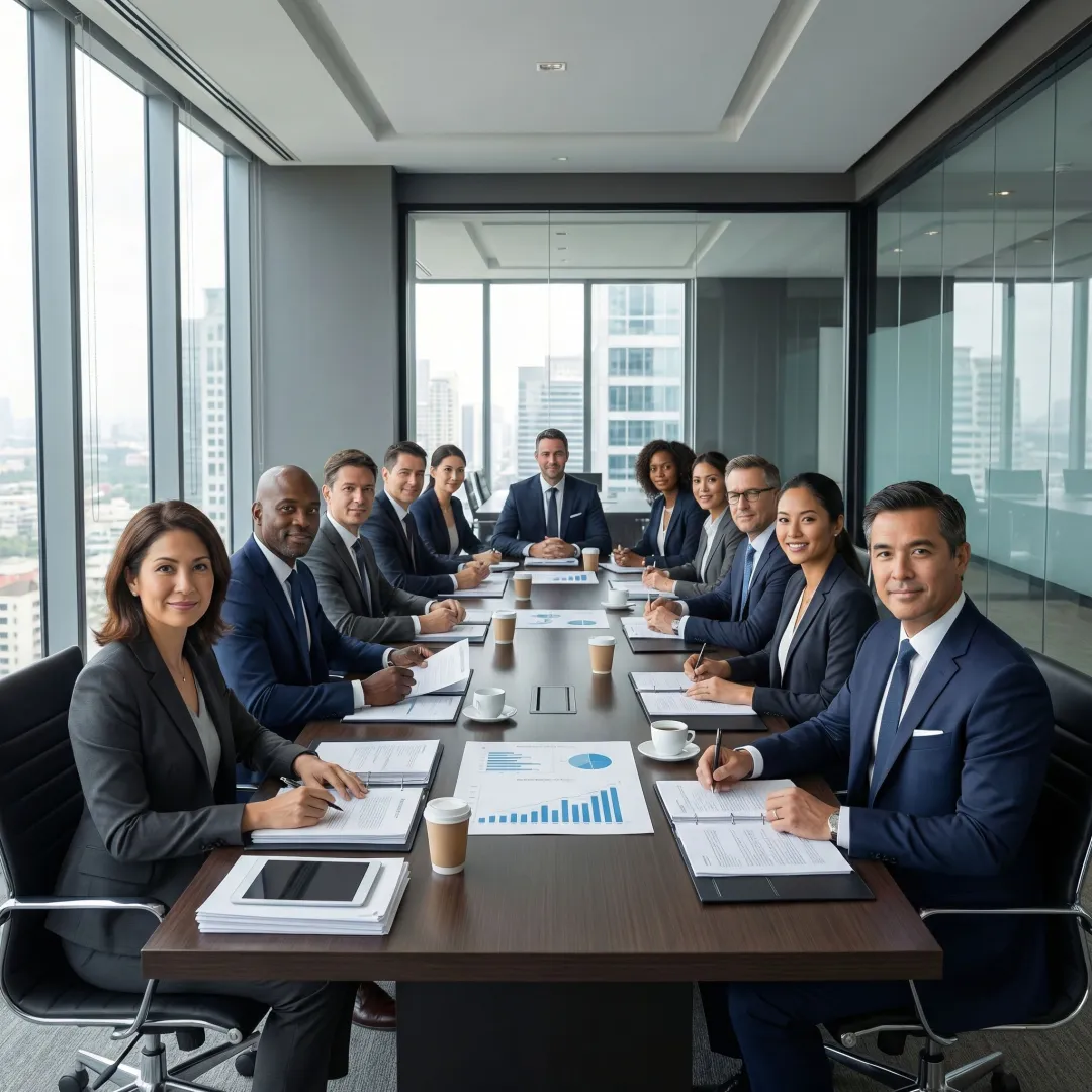 Executive boardroom meeting with financial advisors discussing compliance strategy