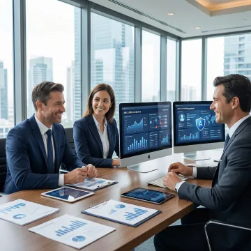 Team meeting discussing payment compliance strategy with data analytics on screen