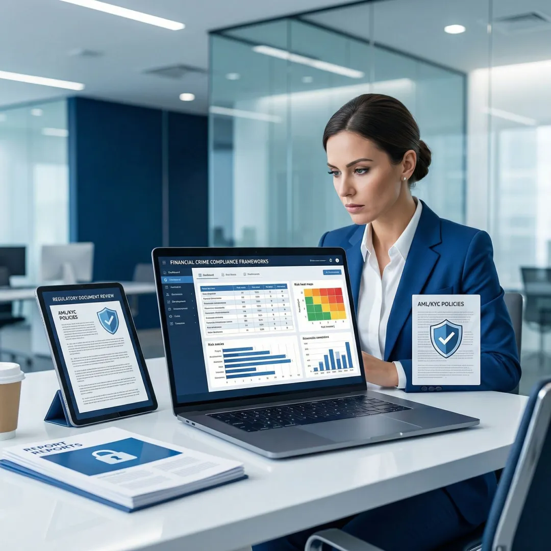 Compliance specialist reviewing financial regulations on digital devices