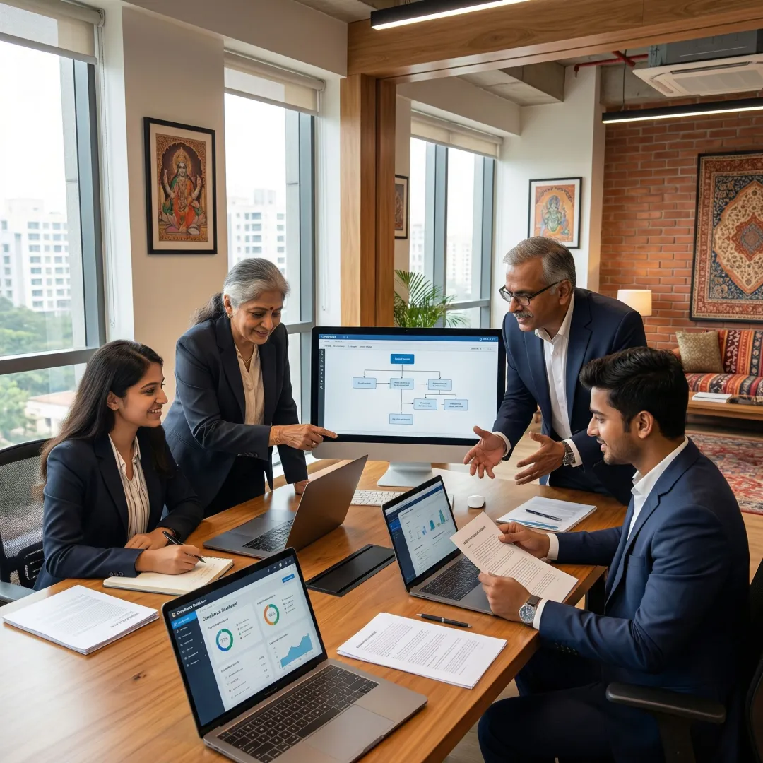 Financial advisors consulting with startup founders in a modern Indian office