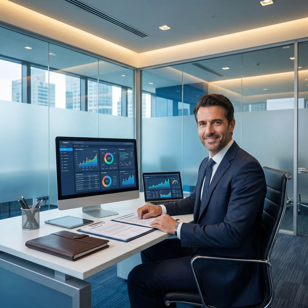 Fintech compliance consultant reviewing financial crime program documentation at a modern desk