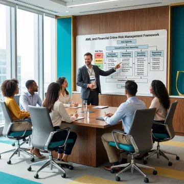 CAMS-certified compliance advisor presenting financial crime risk management framework to a fintech team