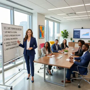 Compliance consultant guiding a team through a structured SOC 2 audit preparation process