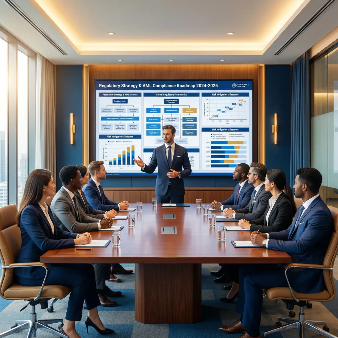 Compliance advisor presenting regulatory strategy to financial institution leadership team