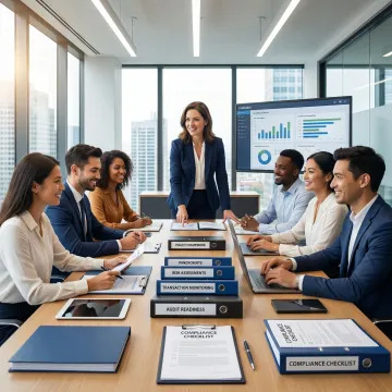 Compliance consultant reviewing regulatory documentation with a life sciences team in a professional office setting