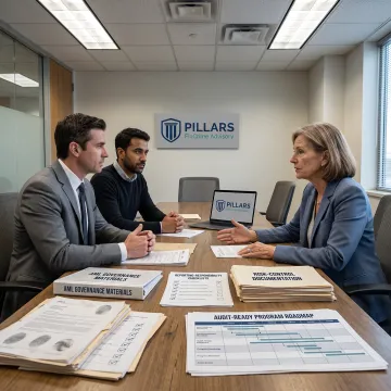 Advisor discussing financial crime compliance strategy