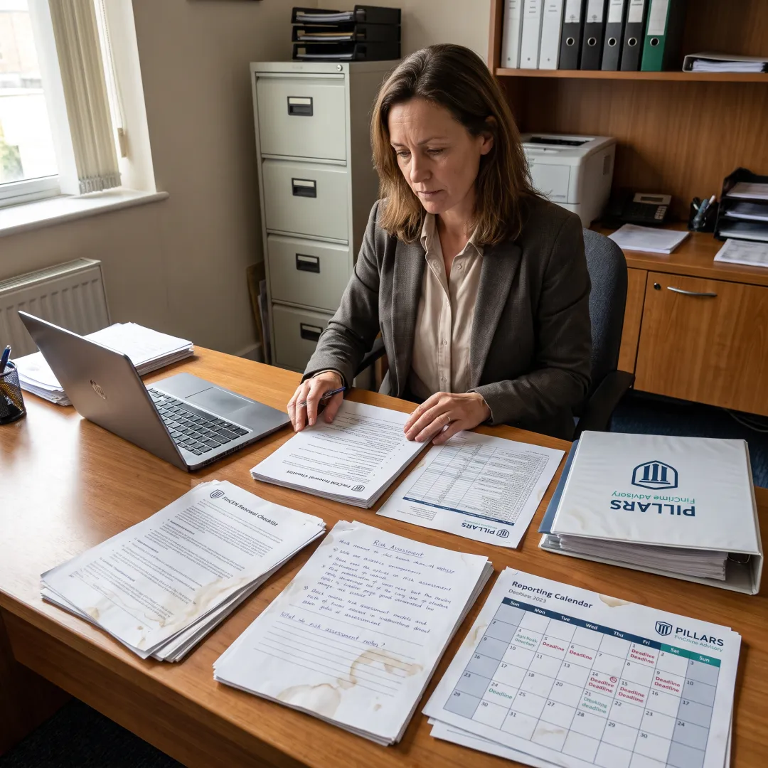 Advisor organizing a compliance renewal checklist