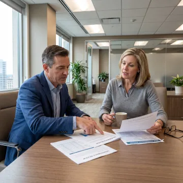 Compliance advisor reviewing governance documents with a small firm leader