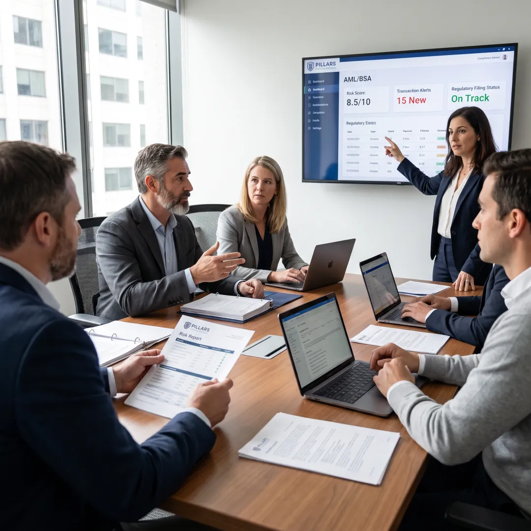Fintech leaders reviewing compliance strategy