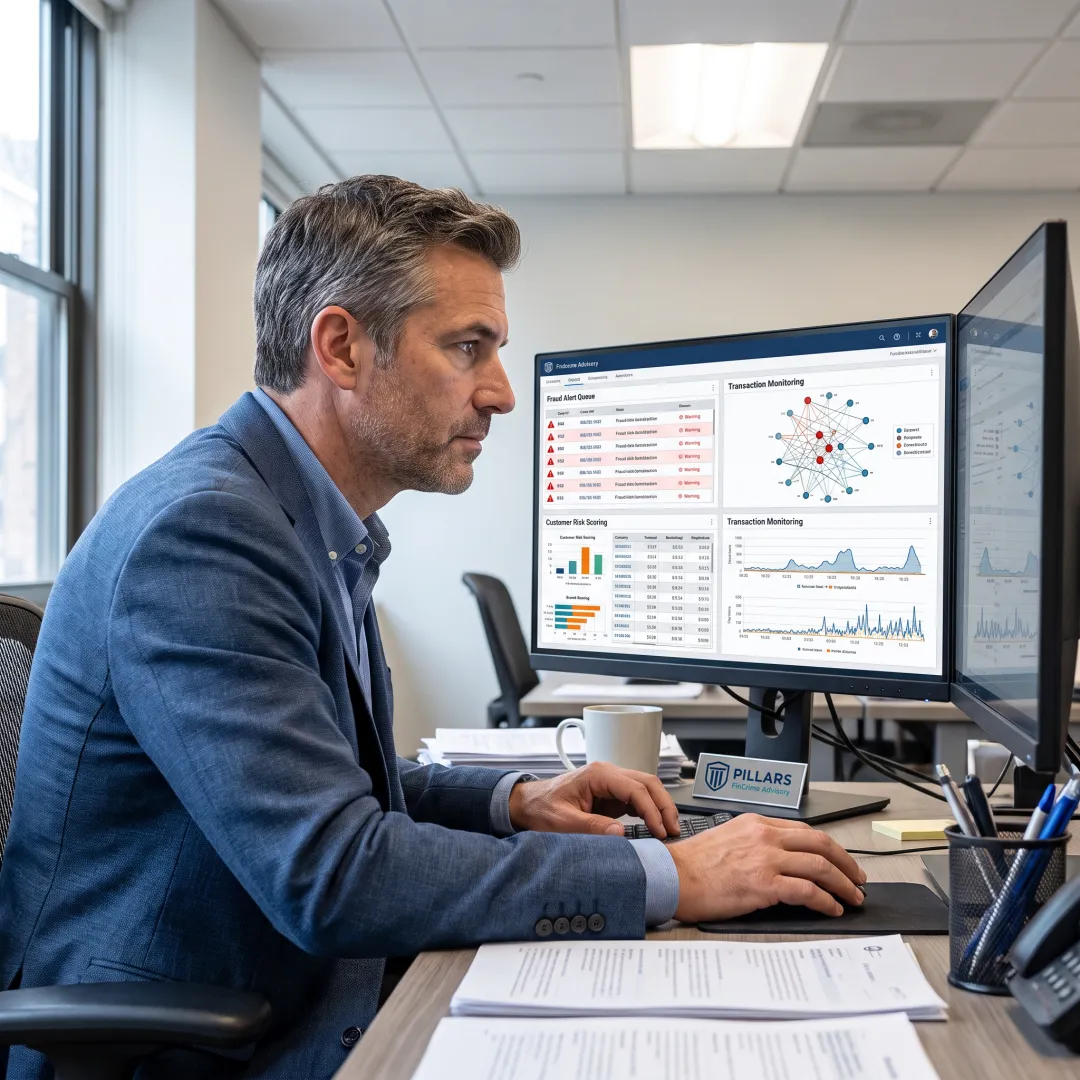 Compliance professional reviewing fraud and AML risk data