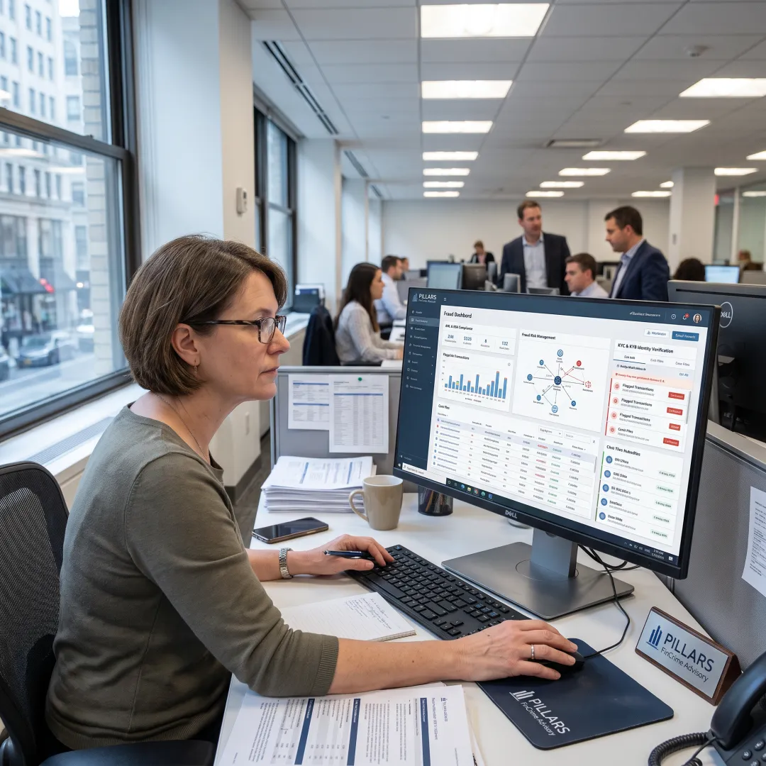 Financial crime professional reviewing fraud risk analytics