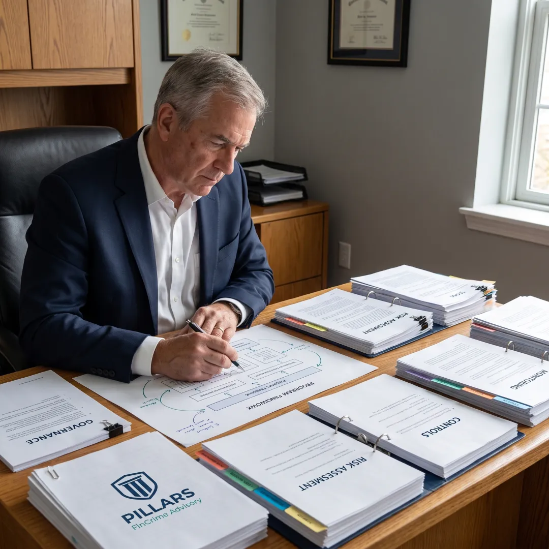 Compliance professional mapping a bank fraud program