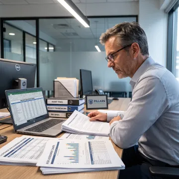 Compliance consultant reviewing client due diligence records