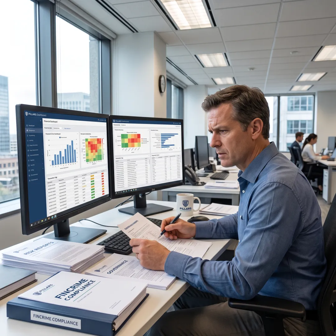 Compliance professional reviewing financial crime risk data