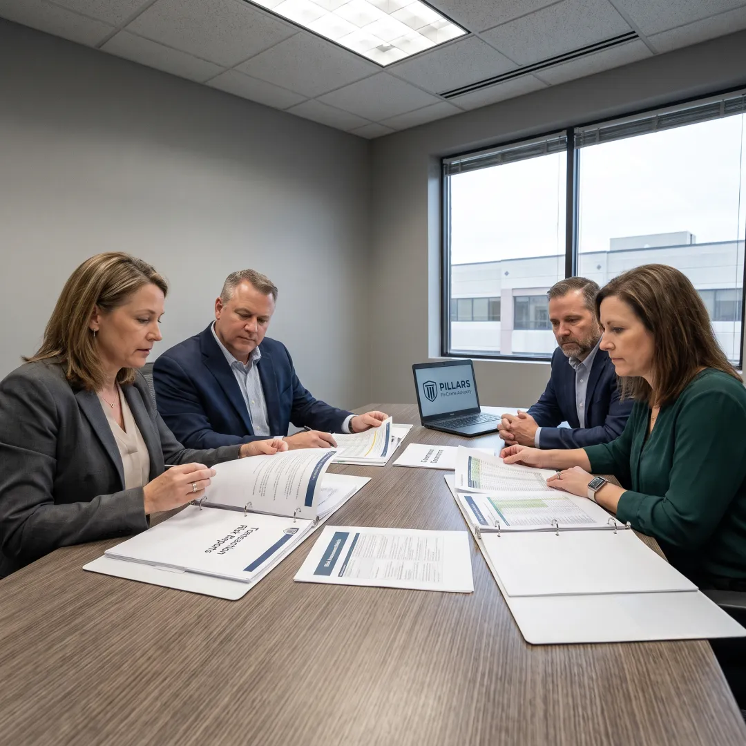 Credit union compliance consultant reviewing risk reports