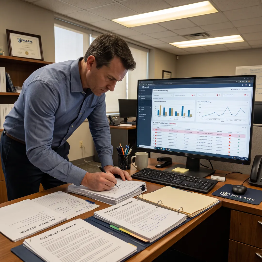 Compliance professional assessing AML program documentation
