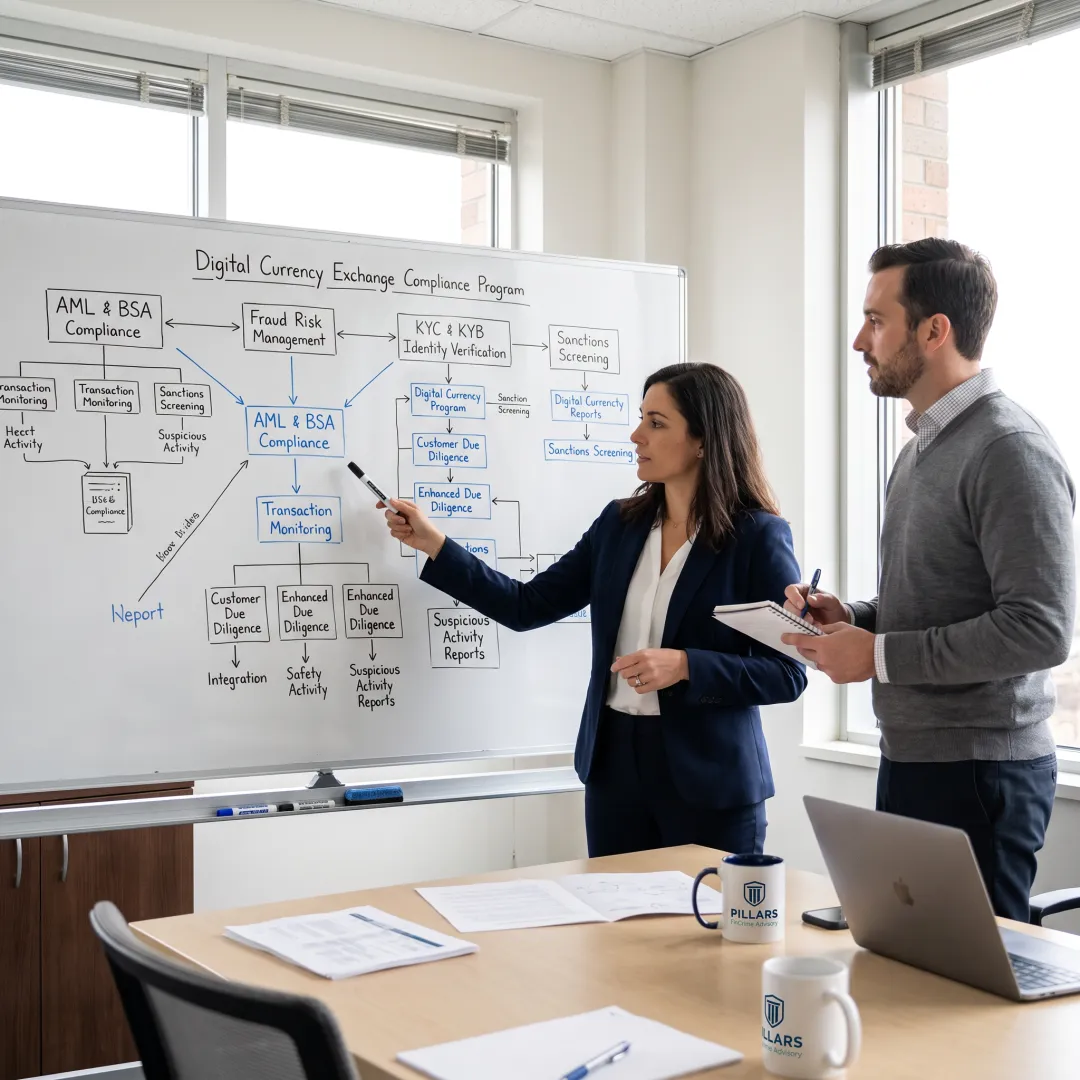 Compliance team assessing digital currency exchange controls