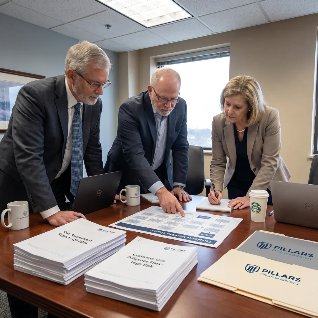 Team reviewing AML compliance strategy