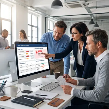 Fintech team reviewing mobile banking risk analytics