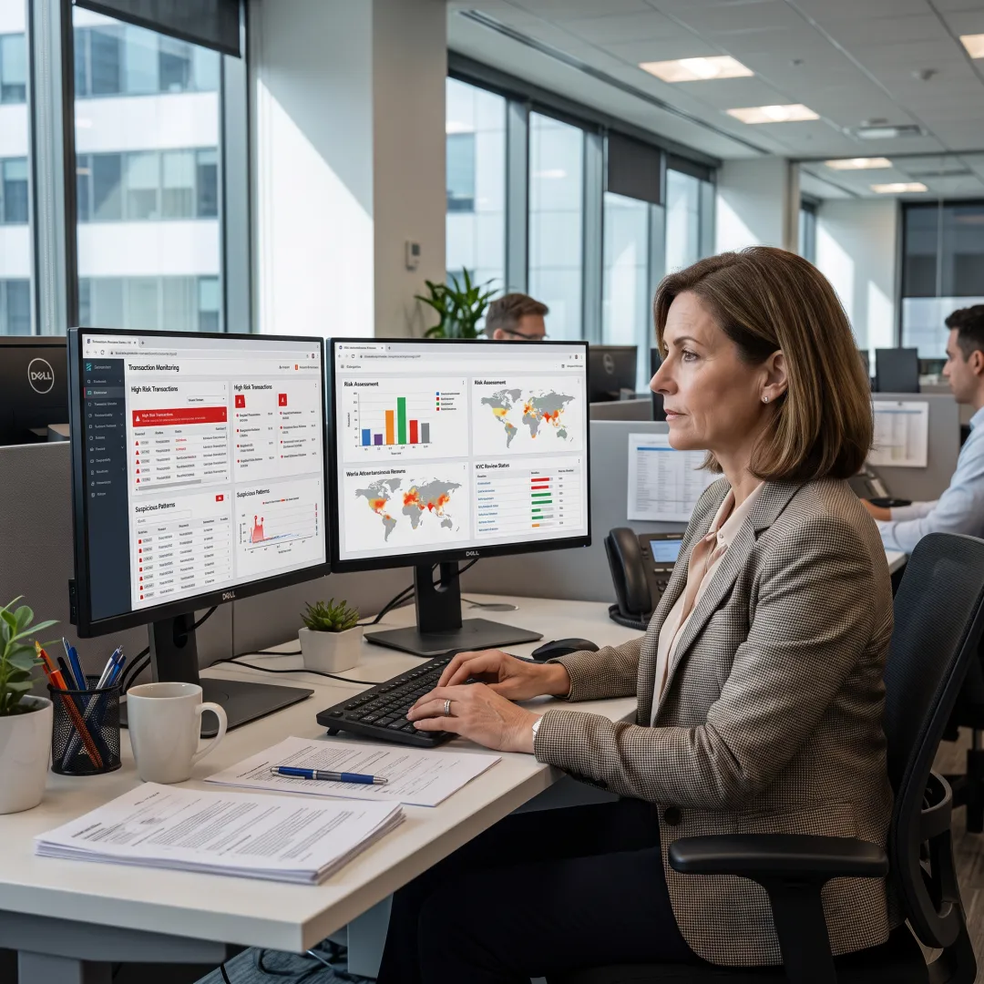 Analyst reviewing transaction monitoring alerts