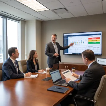 Compliance professional presenting AML risk dashboard