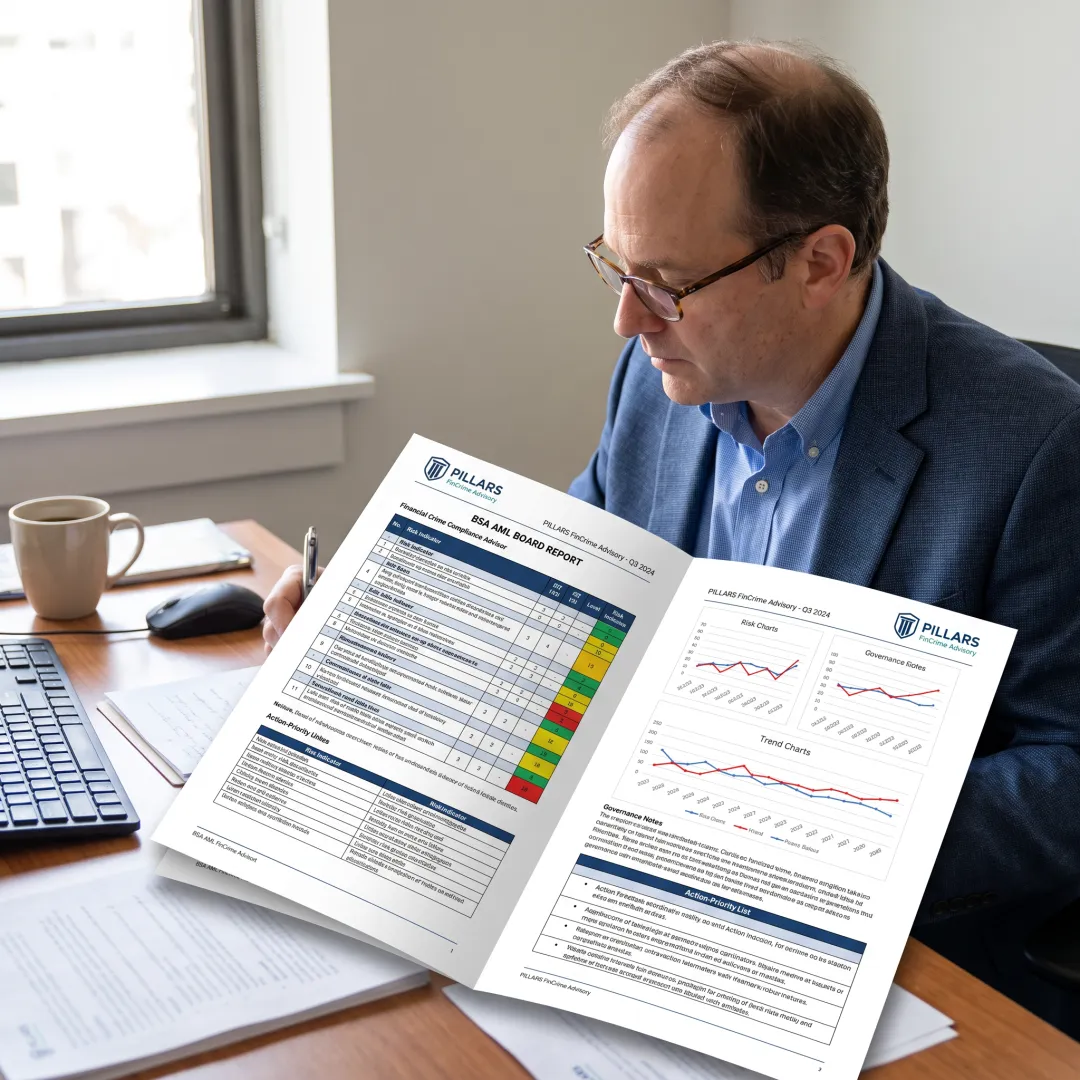 Compliance advisor preparing board-ready AML report