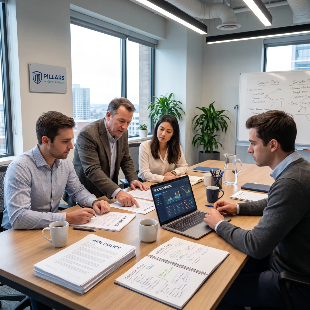 Startup team reviewing financial crime compliance plan