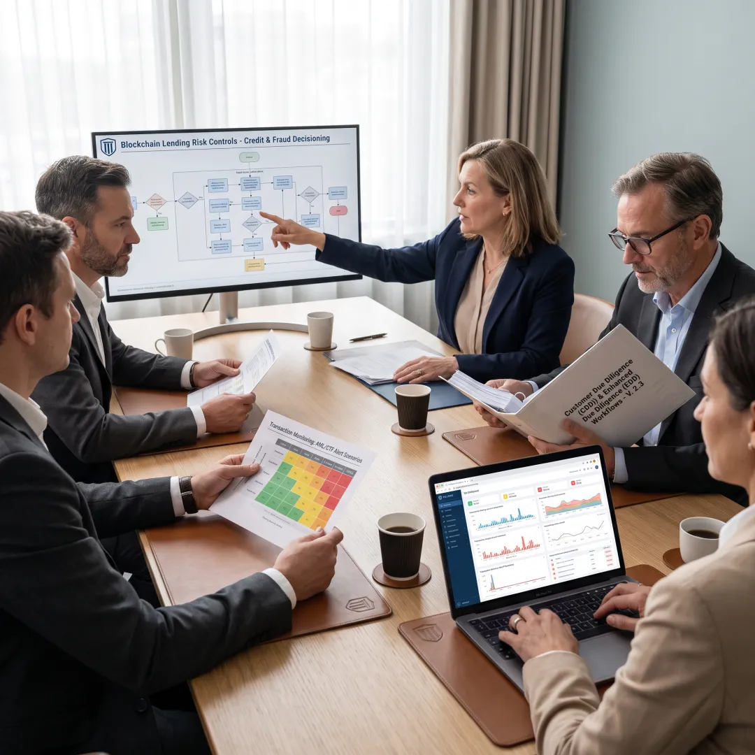 Fintech team planning a blockchain lending compliance program