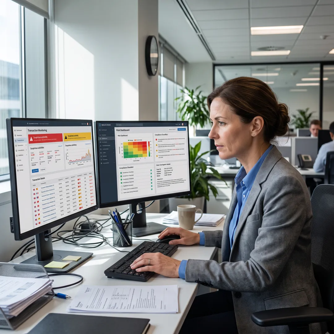 Compliance analyst reviewing AML monitoring technology