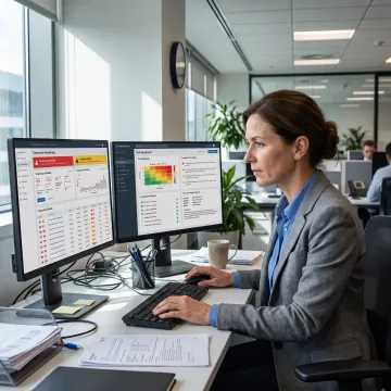 Compliance analyst reviewing AML monitoring technology