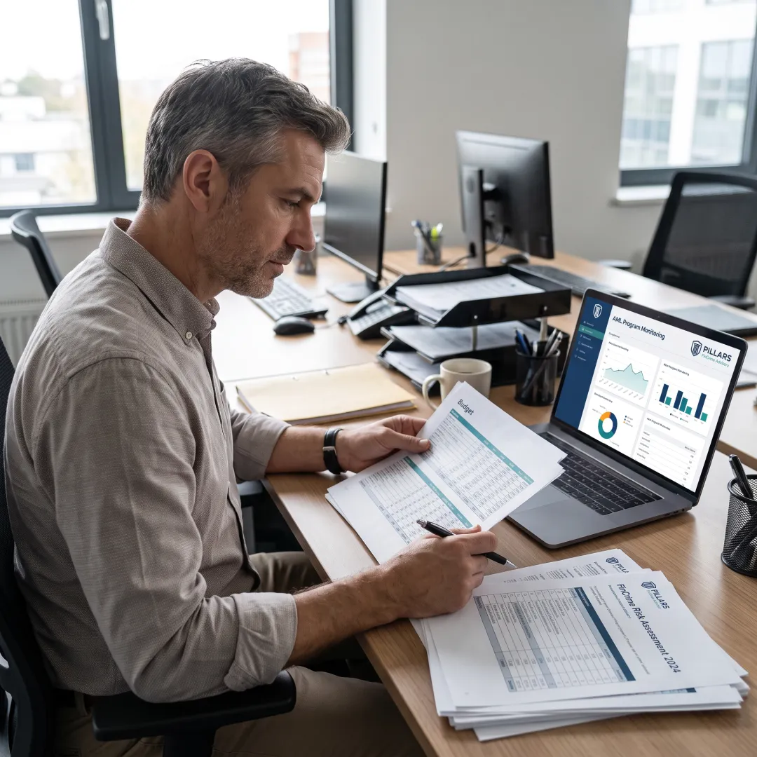 Compliance professional reviewing AML program costs