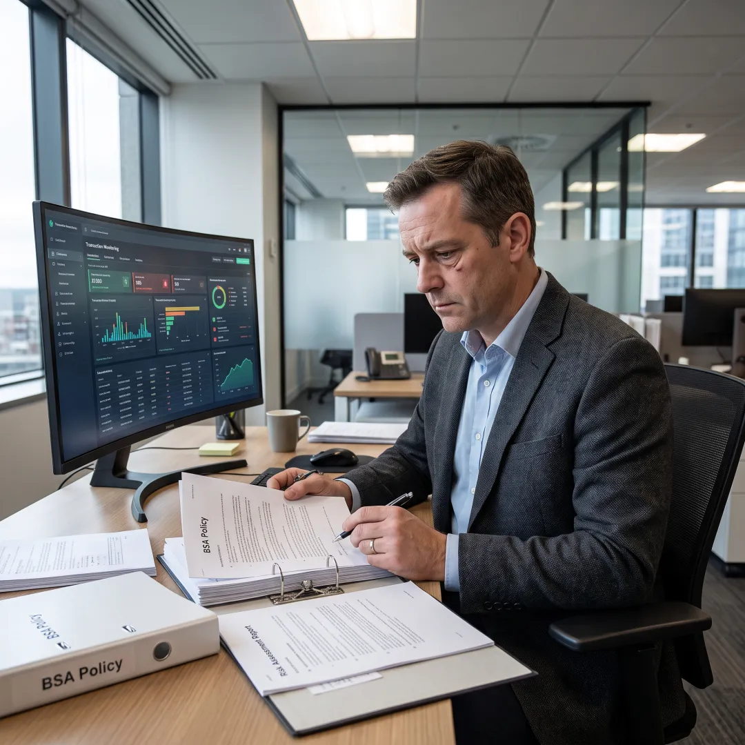 Compliance professional reviewing BSA program documents