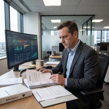 Compliance professional reviewing BSA program documents