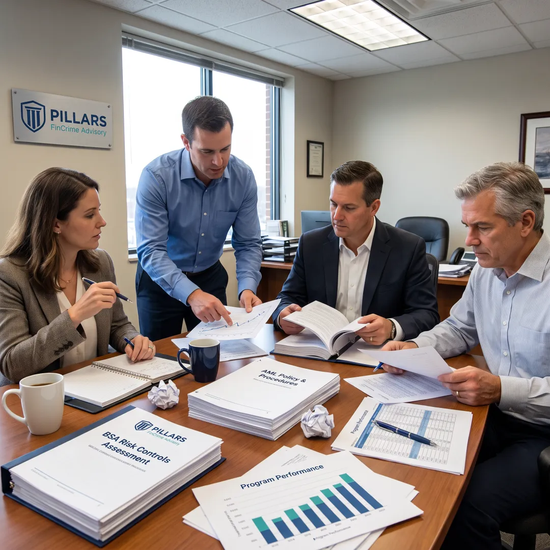 Team reviewing BSA compliance strategy