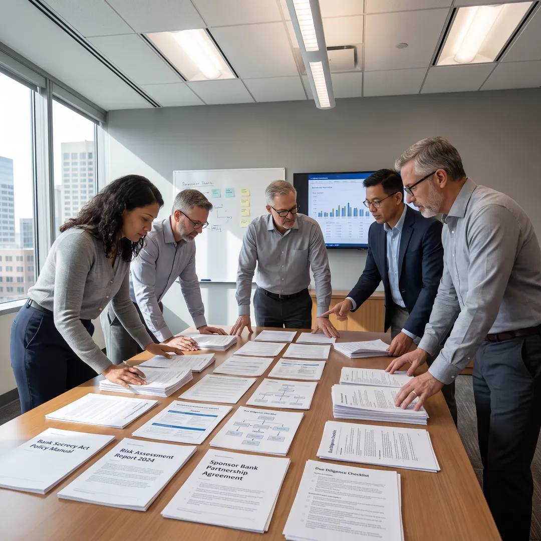 Compliance professionals reviewing sponsor bank BSA documentation