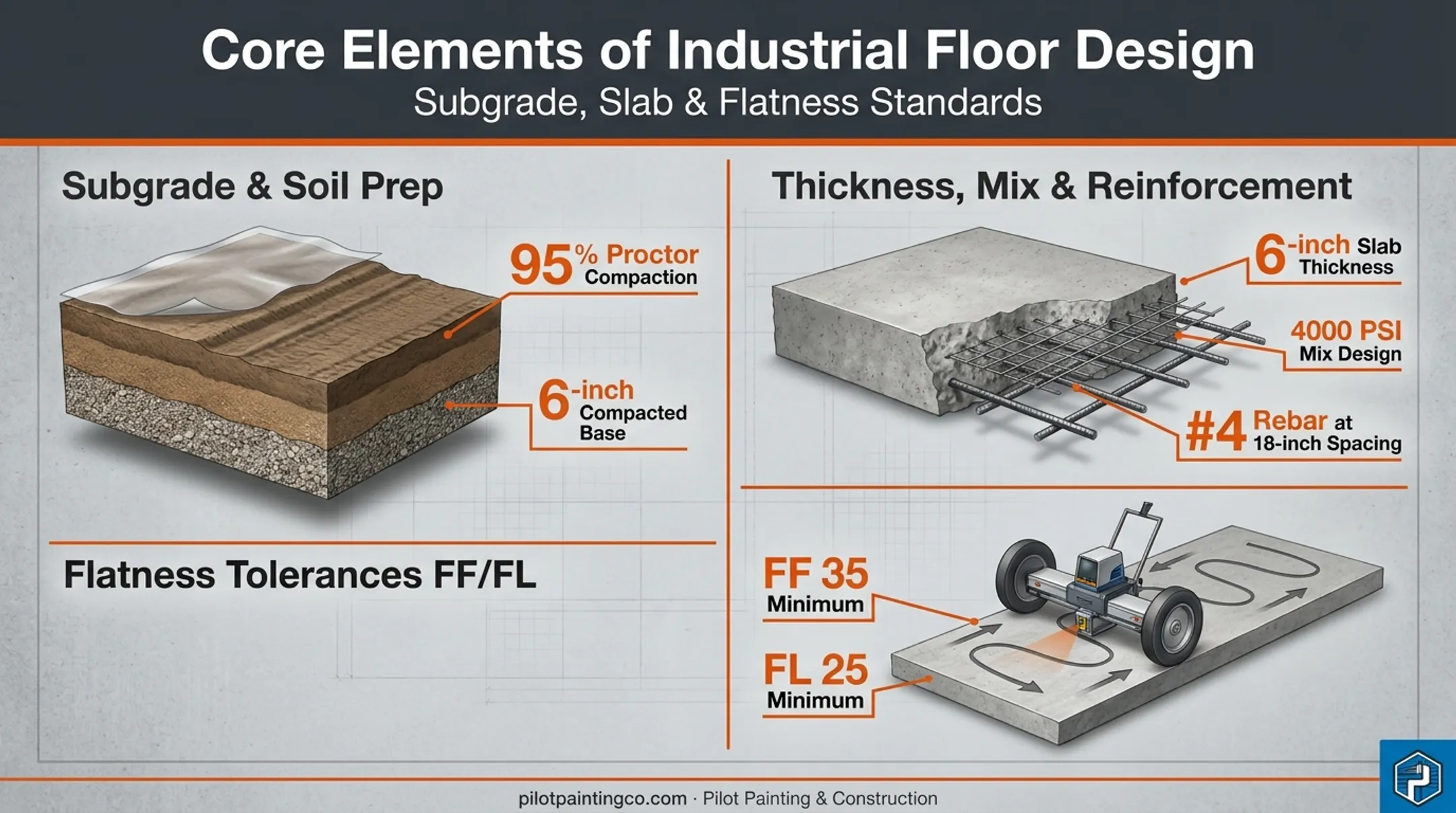 Industrial floor design factors thickness reinforcement and flatness tolerances diagram