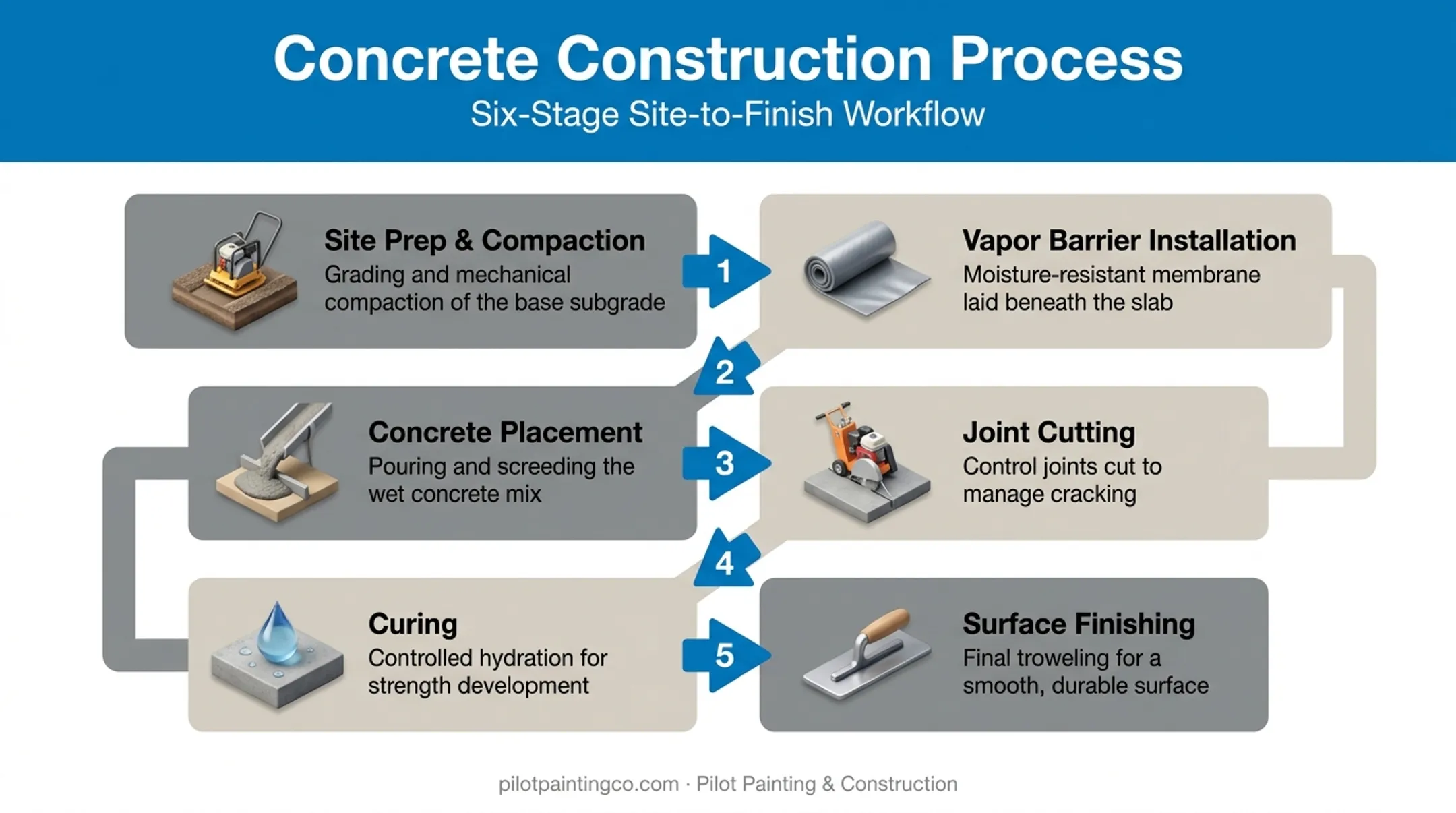 Six-step industrial concrete floor construction process from subgrade to finishing