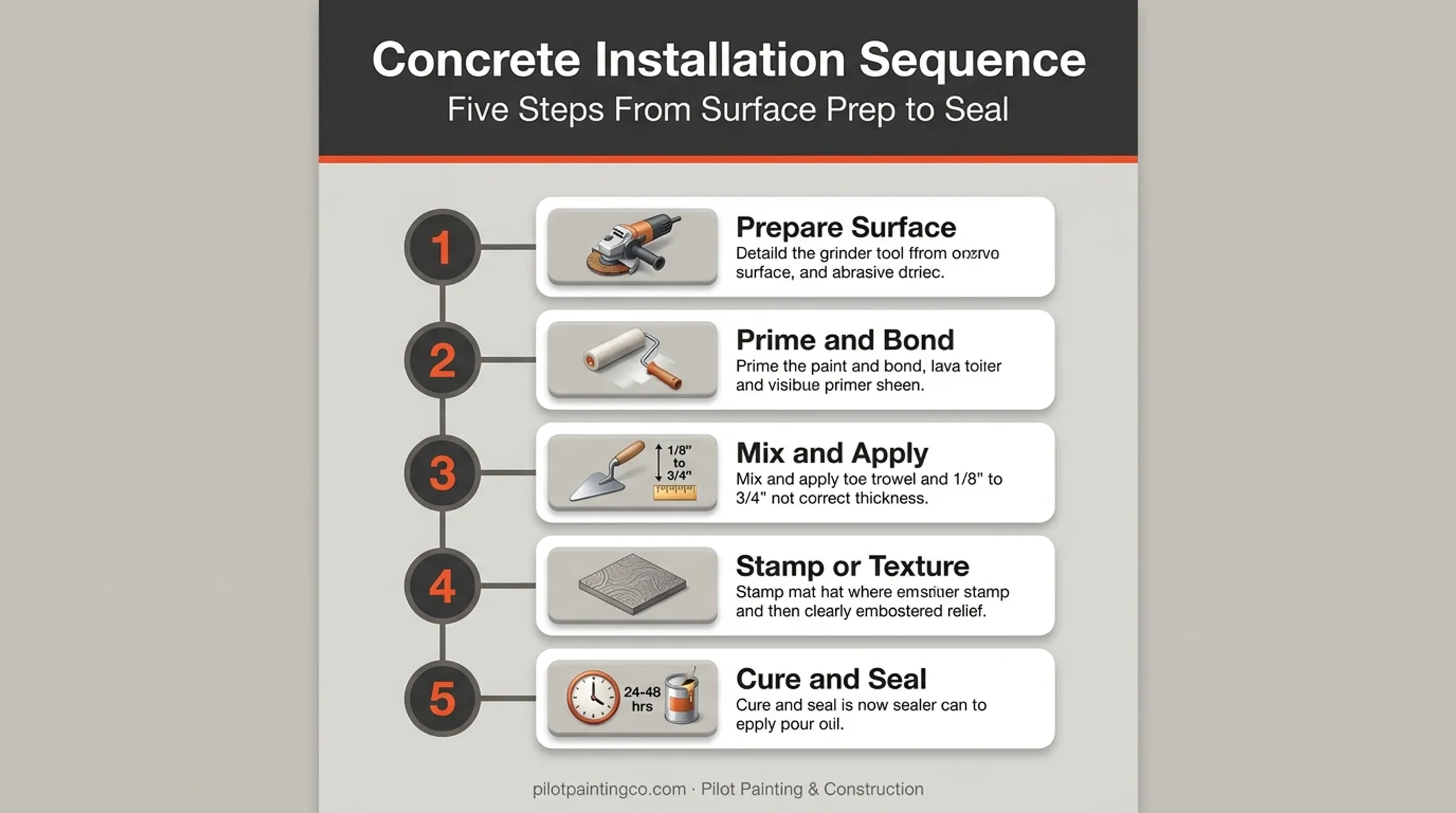 Five-step concrete overlay application process from priming to sealing