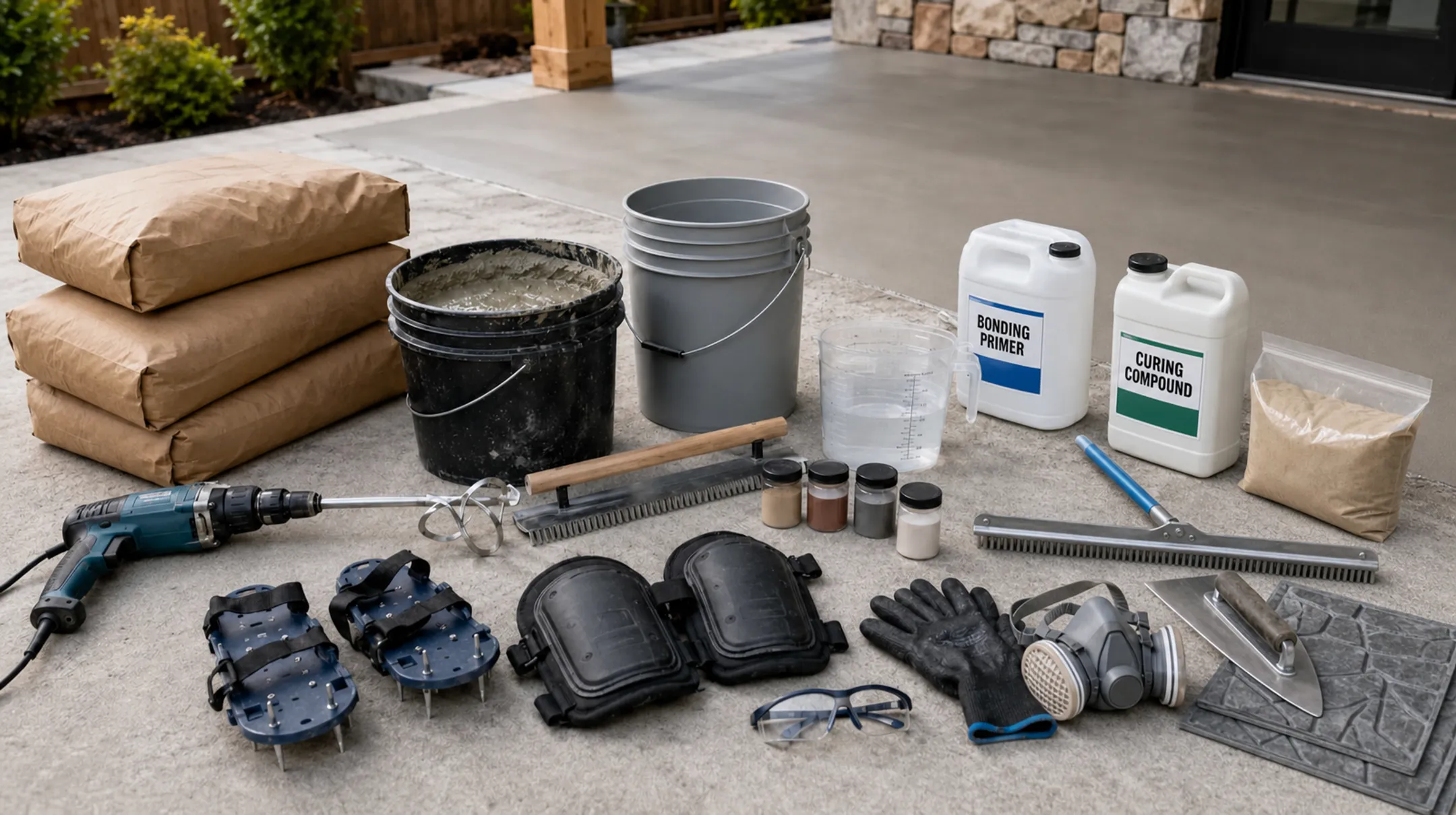 Concrete overlay tools including trowel primer and stamping mats laid out