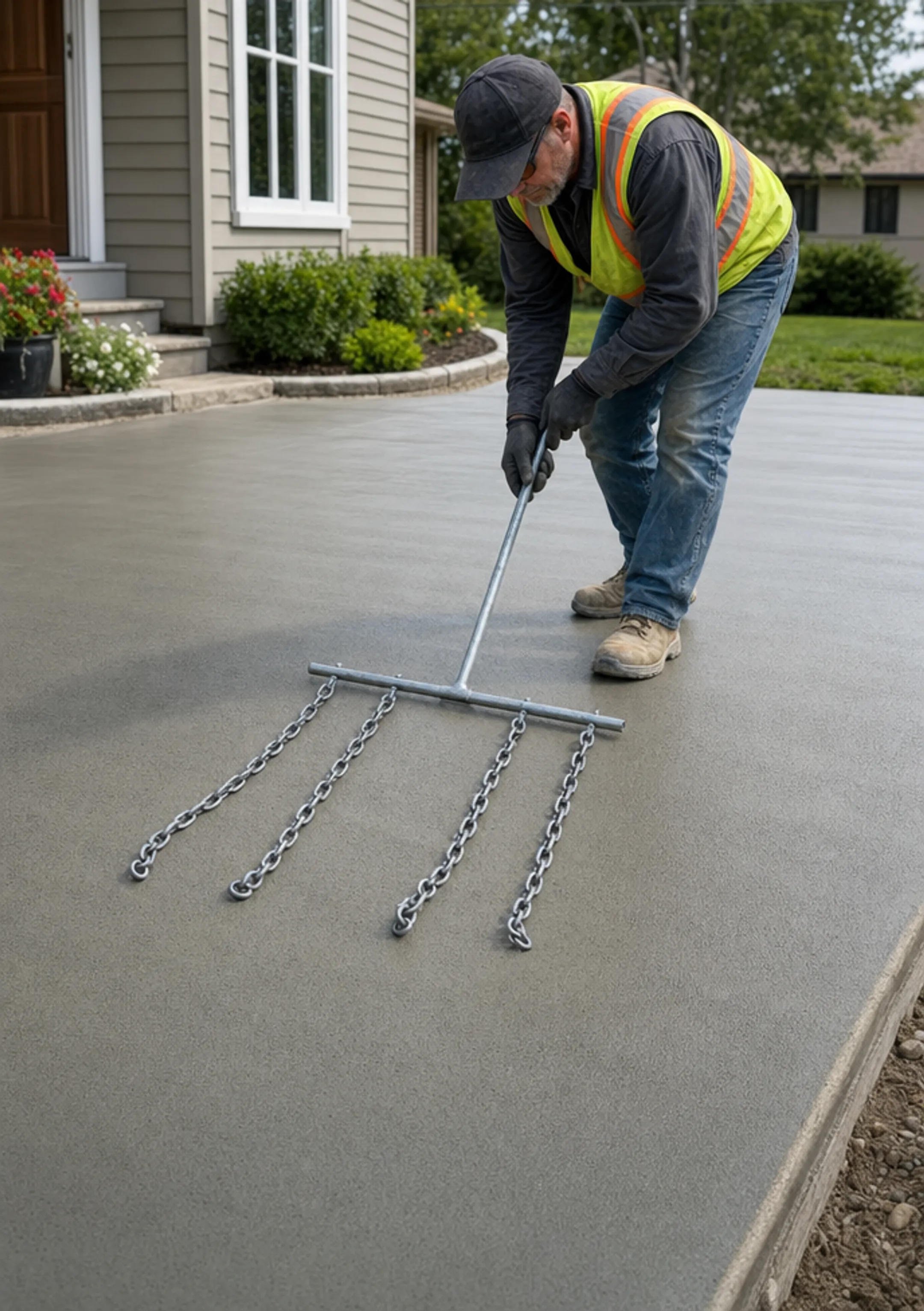 Technician inspecting cured concrete overlay surface for bonding defects