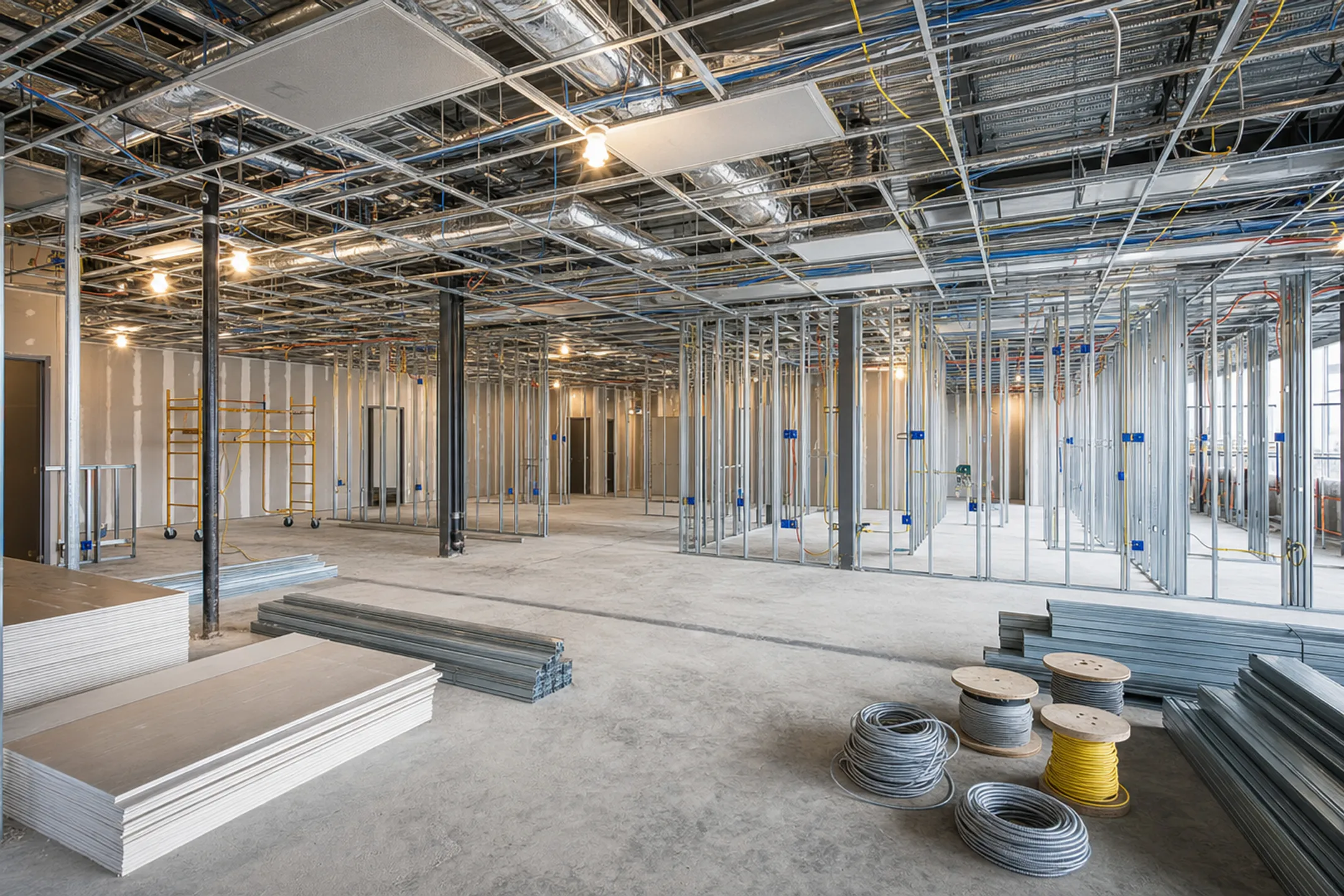 Commercial interior mid-construction showing partitions and electrical rough-in work