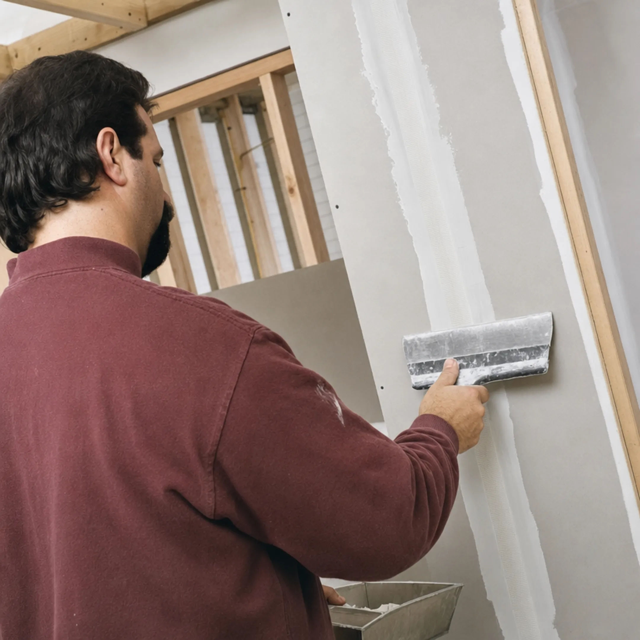 Professional drywall finisher applying joint compound with trowel on wall seam