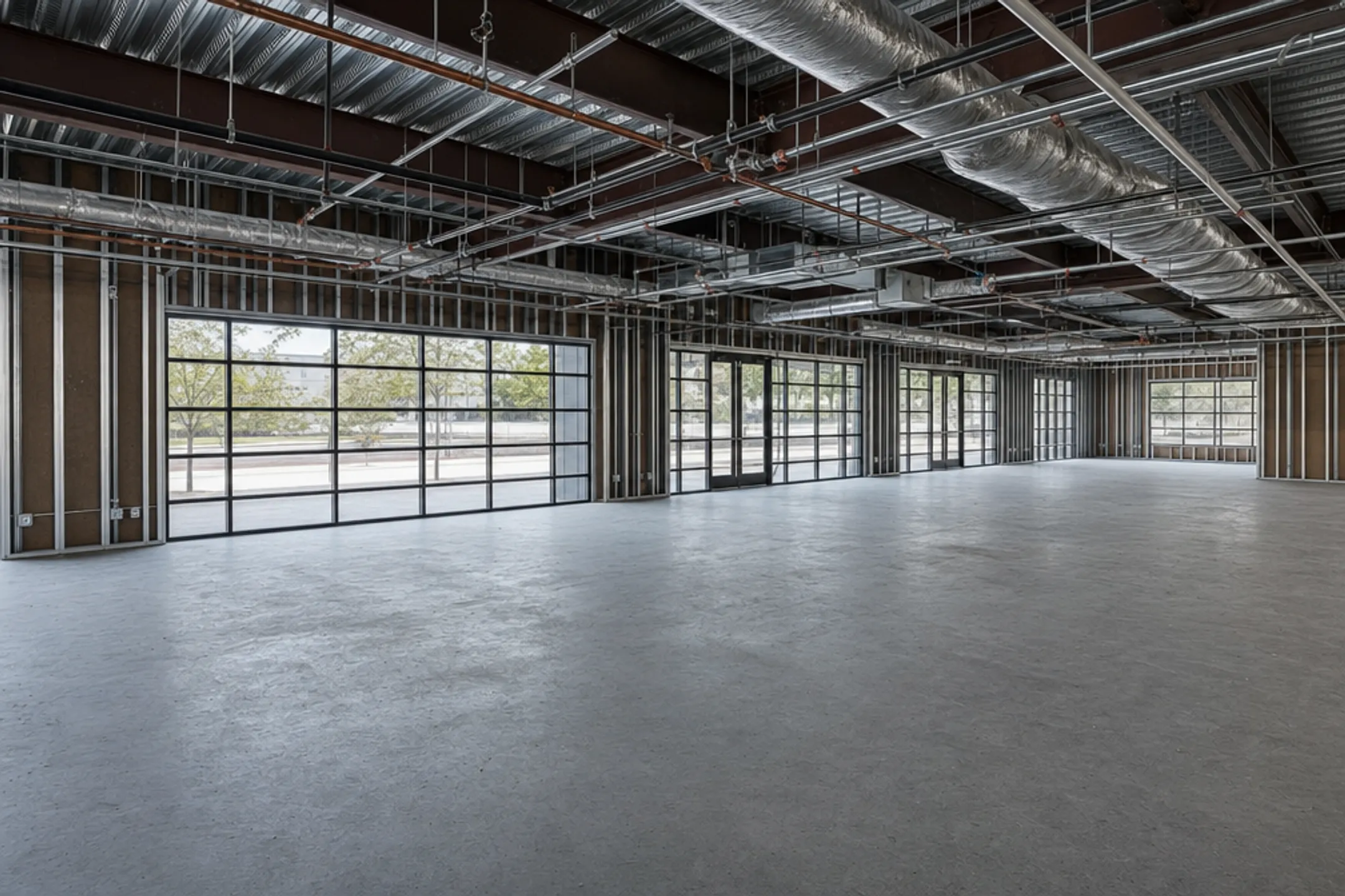 Grey shell commercial space with exposed studs and unfinished ceiling