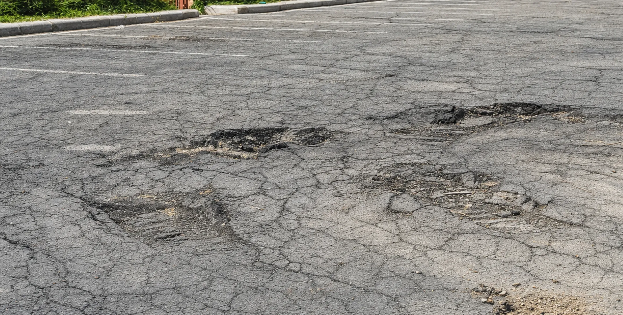 Cracked and potholed asphalt parking lot showing signs of deterioration