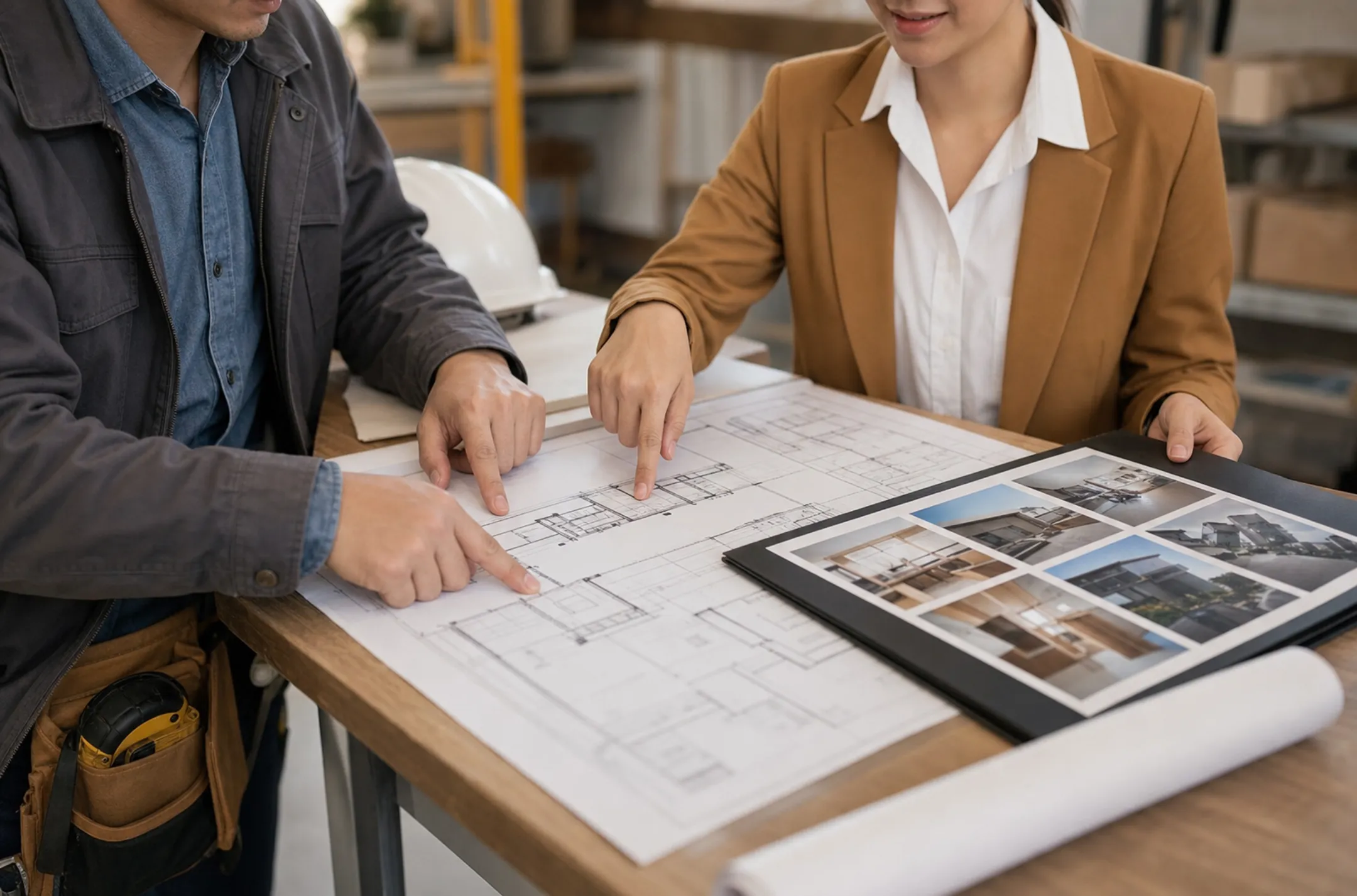 Commercial painting contractor reviewing project portfolio with property owner