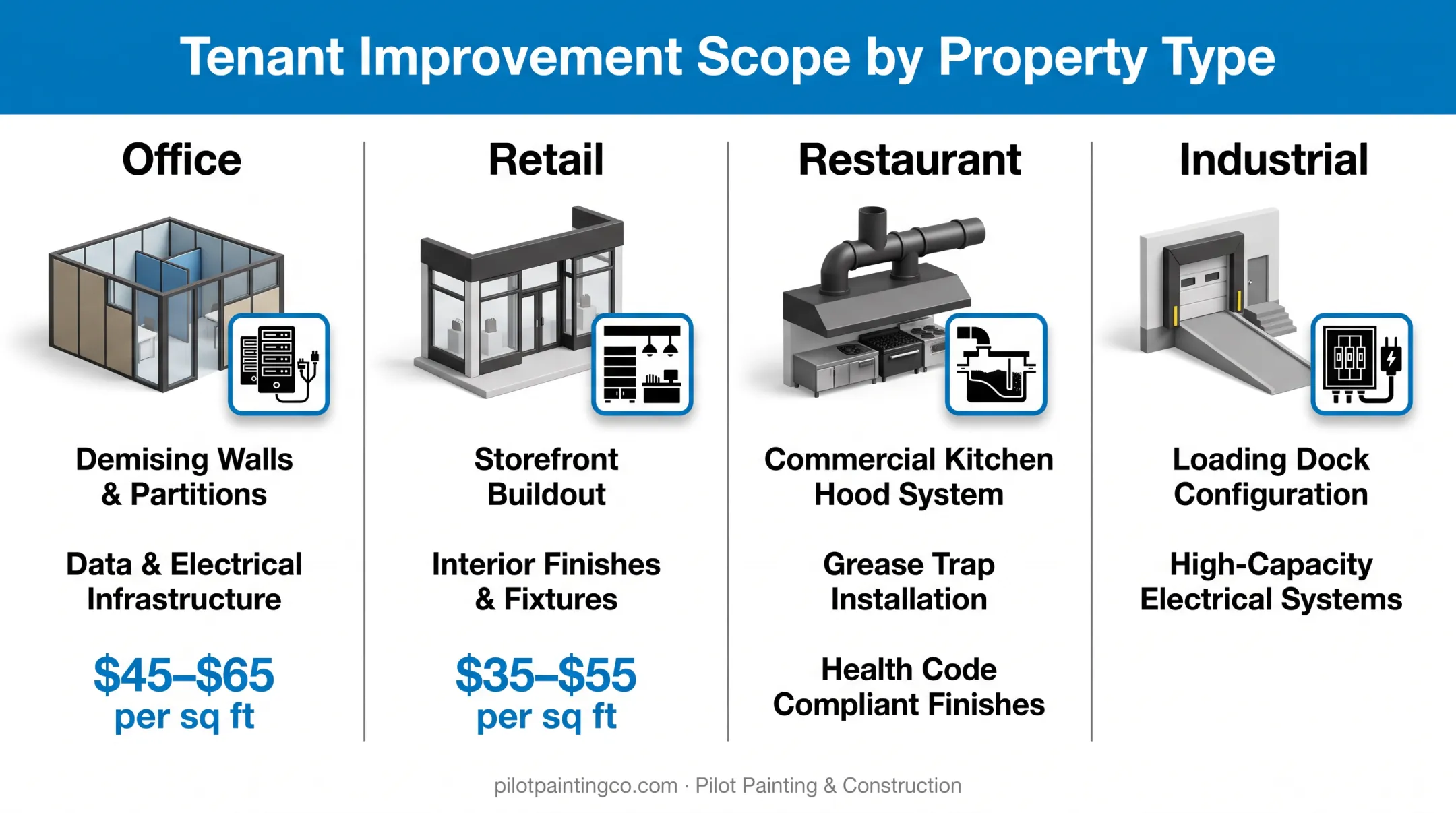 Tenant improvement scope comparison by property type office retail restaurant industrial