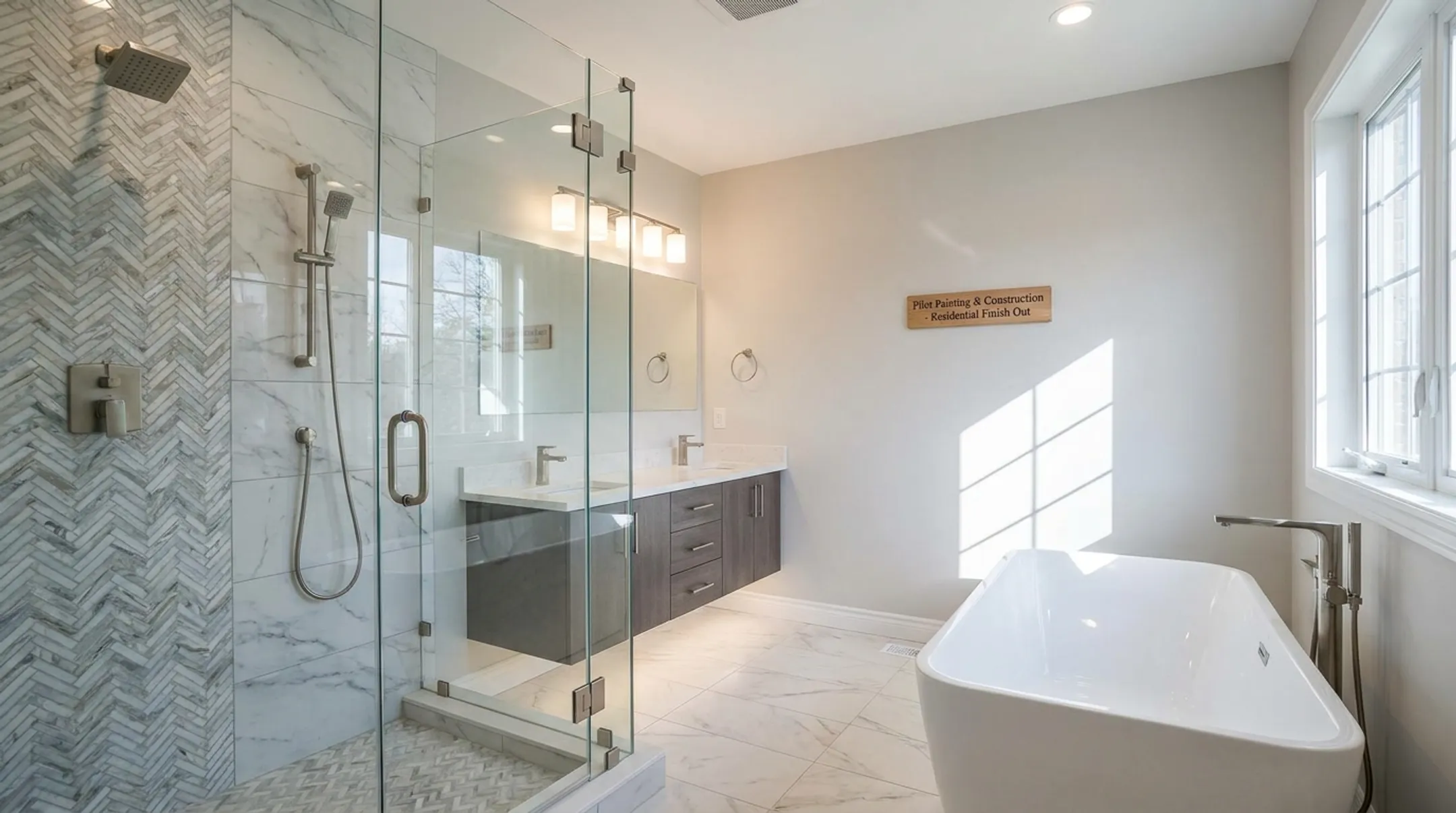Residential bathroom remodel with custom tile and glass shower enclosure