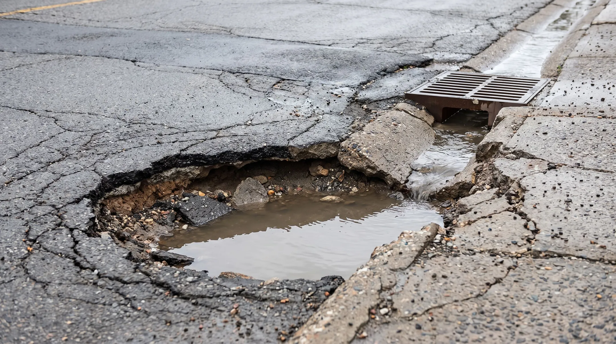 Freeze-thaw and drainage damage causing concrete pothole formation